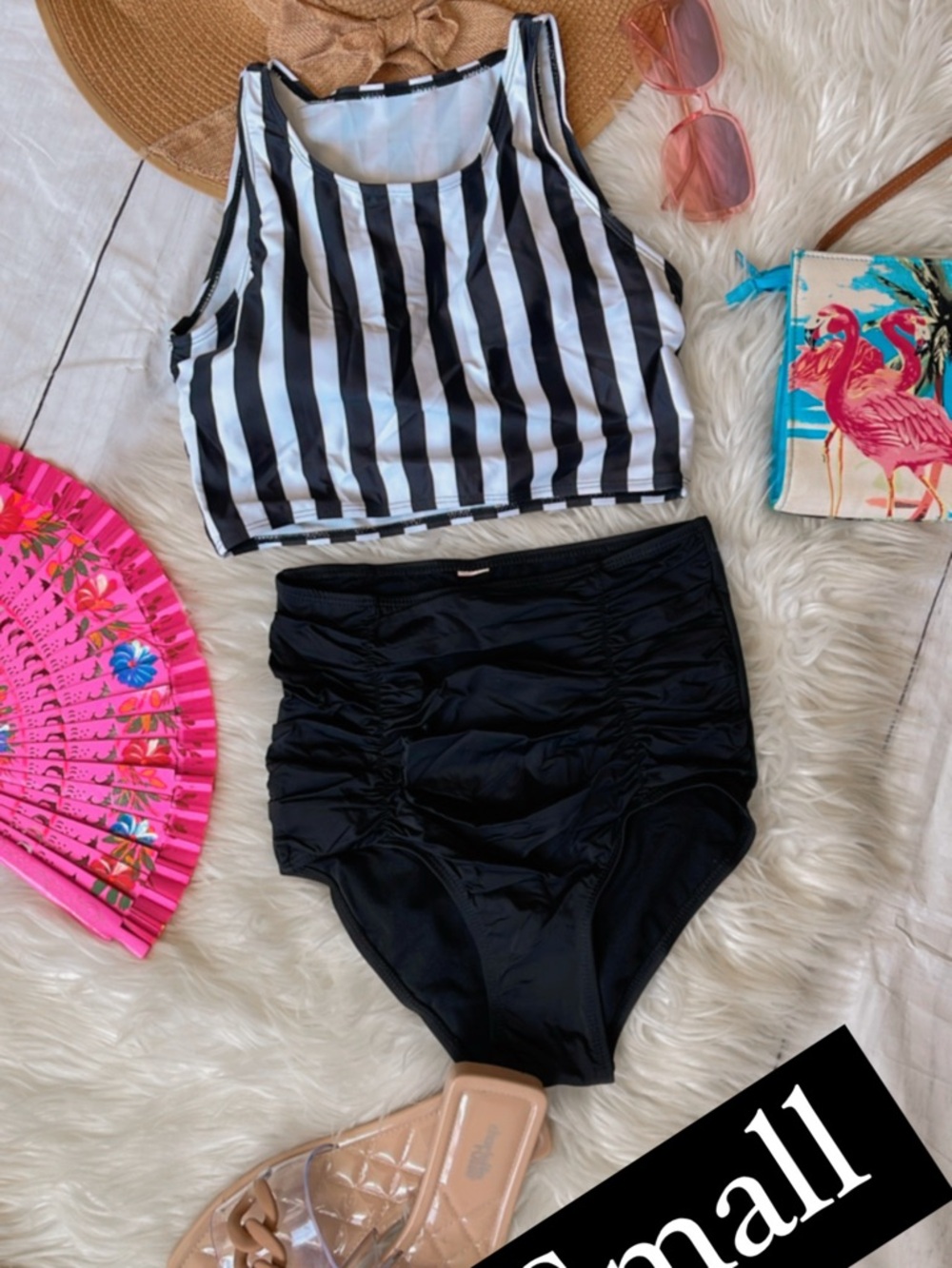 Black & White Striped Crop Tank Bikini Top with High-Waist Black Bottoms
